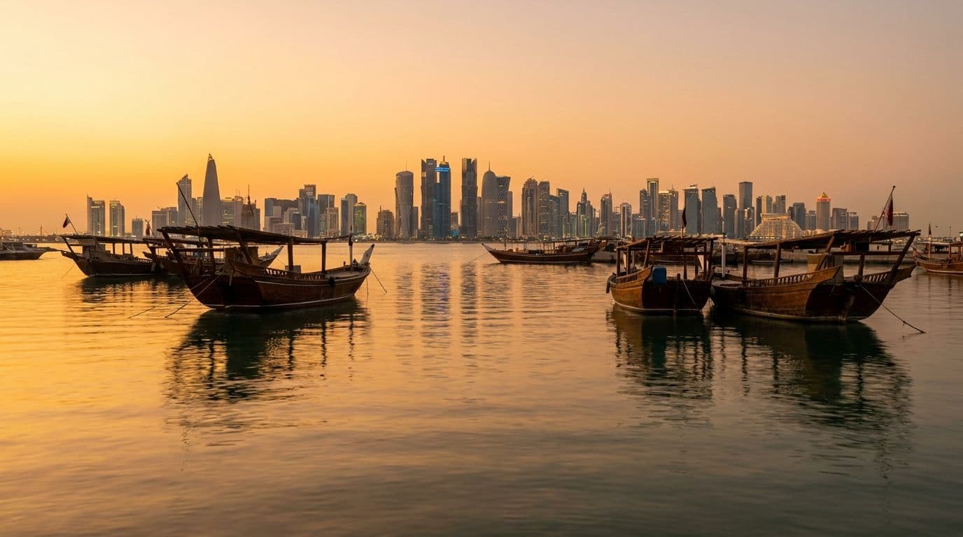 مراكب داو راسية في خليج الدوحة عند الغروب، وأفق المدينة خلفها. دعوة لتبدأ بالتشخيص