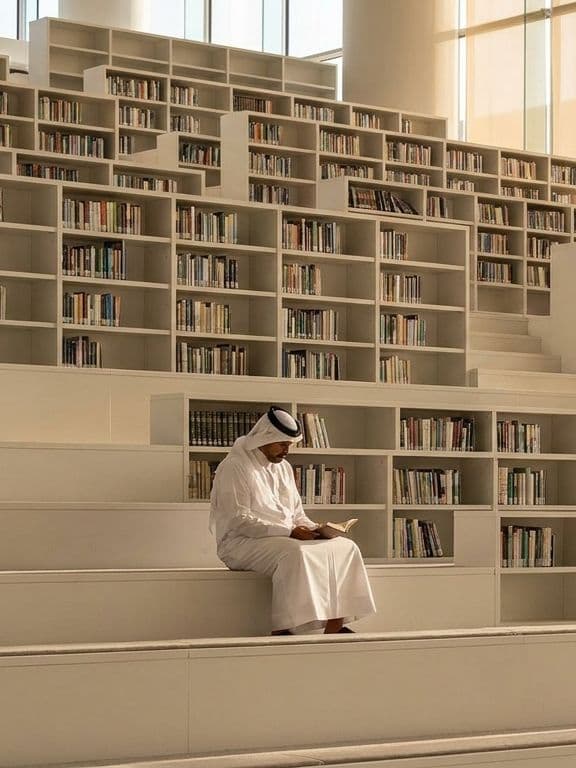 قارئ بالثوب والغترة بين رفوف بيضاء مدرّجة في مكتبة حديثة بالدوحة. مكان هادئ للأسئلة والأجوبة