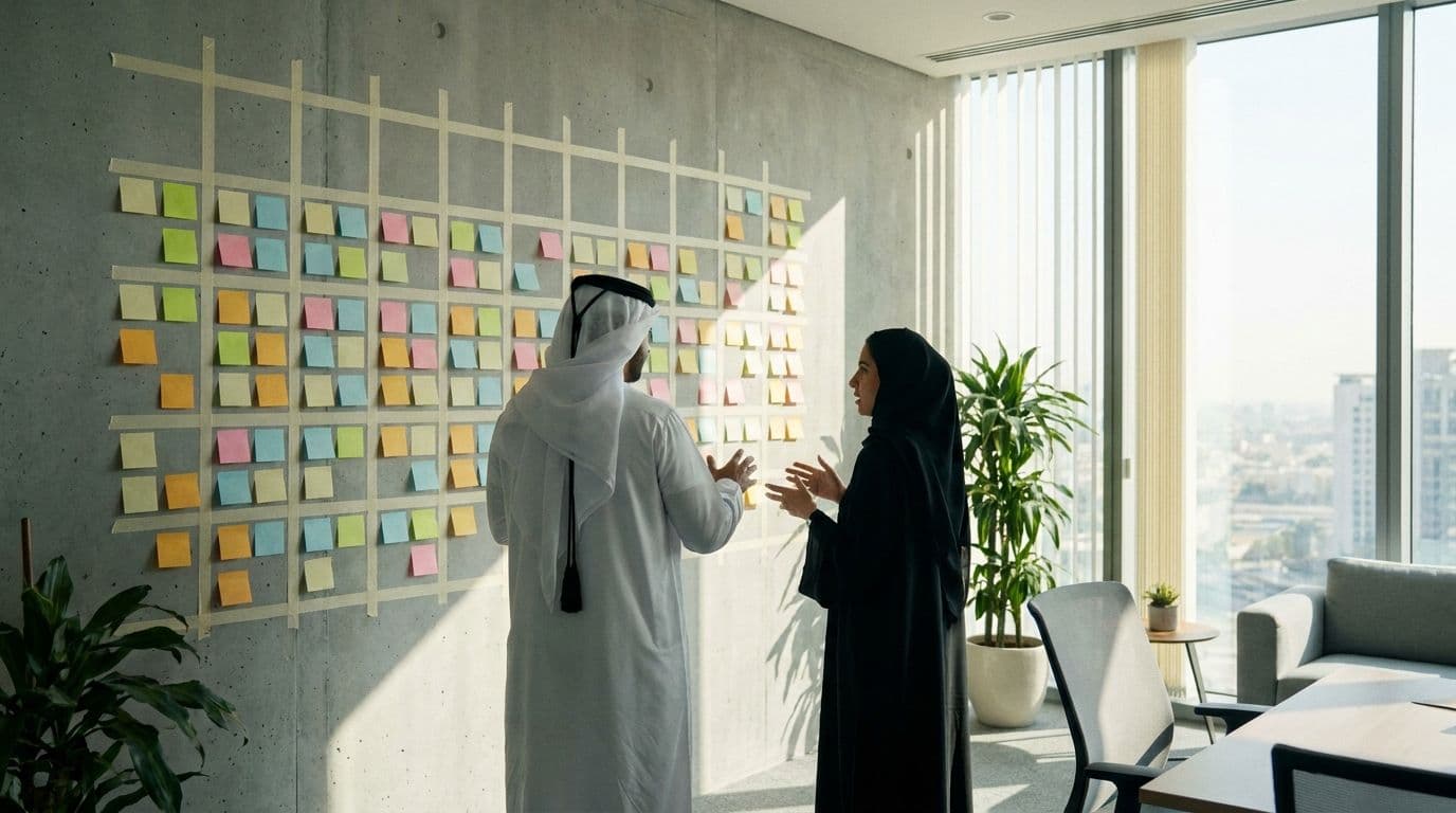 رجل بالثوب والغترة وامرأة بالعباءة أمام جدار تخطيط شهري بأوراق ملوّنة. الخطة الجامعة في تقويم واحد