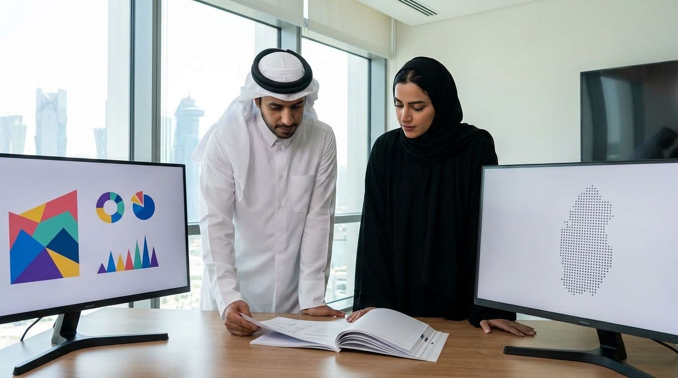 رجل بالثوب والغترة وامرأة بالعباءة يراجعان تقريرًا مطبوعًا بين شاشتين برسوم بيانية وخريطة قطر. المنهج الذي طبّقناه على أنفسنا