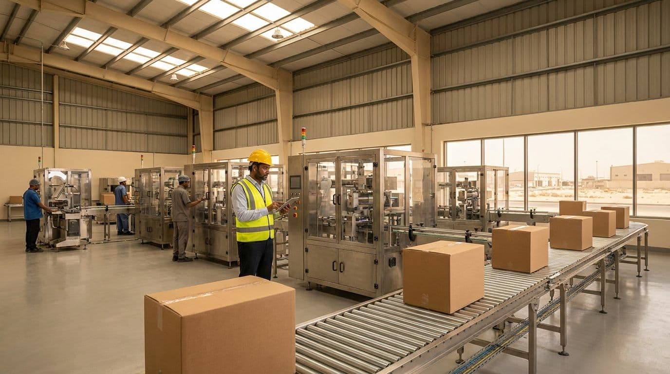 خط تعبئة في مصنع بالمنطقة الصناعية بالدوحة، ومشرف بسترة عاكسة يراجع جهازًا لوحيًا. مصنع بعد الترخيص