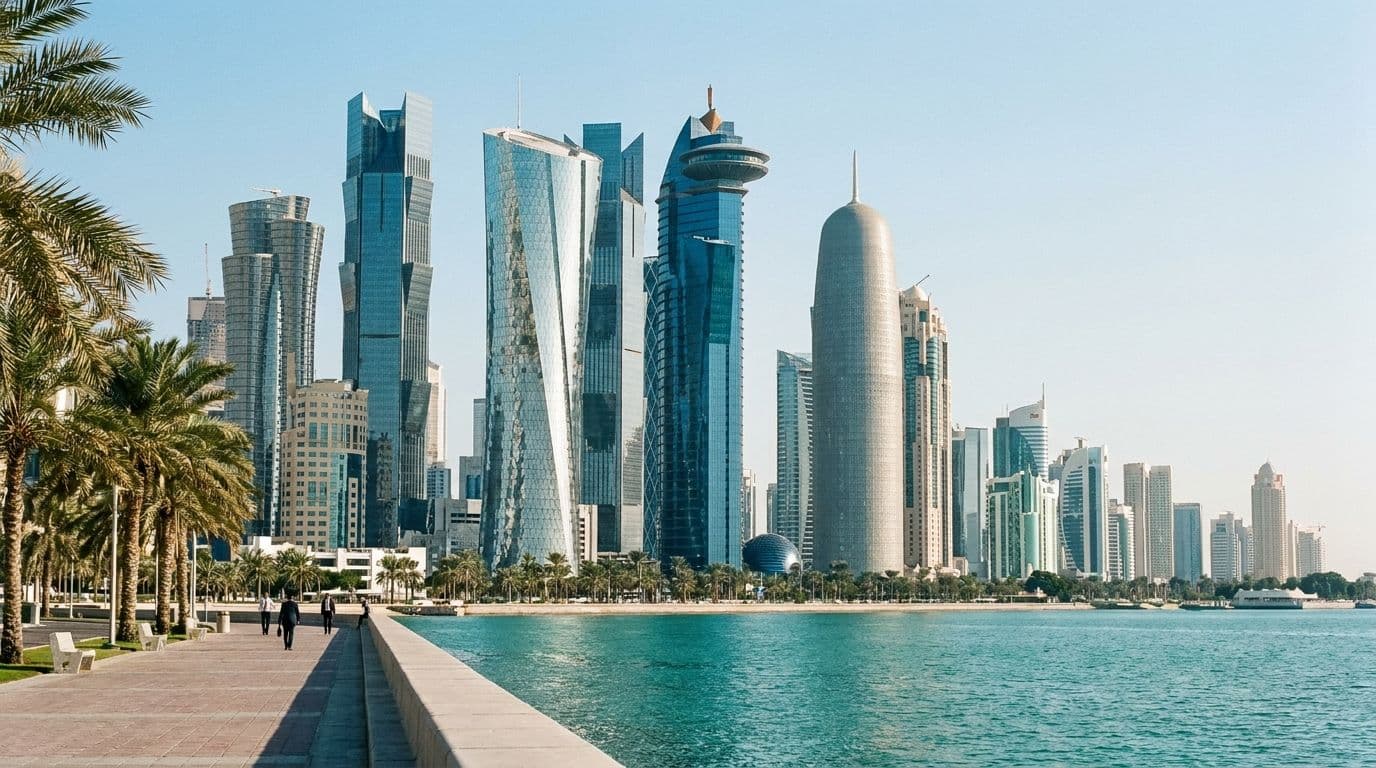 أبراج الخليج الغربي في الدوحة من الكورنيش صباحًا. منطقة الأعمال التي يدخلها الفرع الخليجي