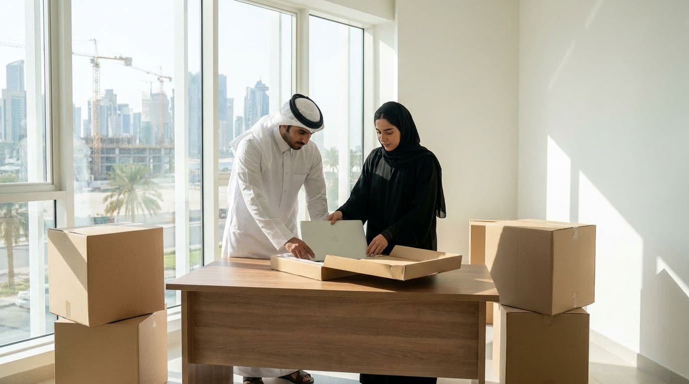 مؤسسان شابان، رجل بالثوب وامرأة بالعباءة، يفتحان حاسوبًا بين الصناديق في مكتب جديد. شركة جديدة
