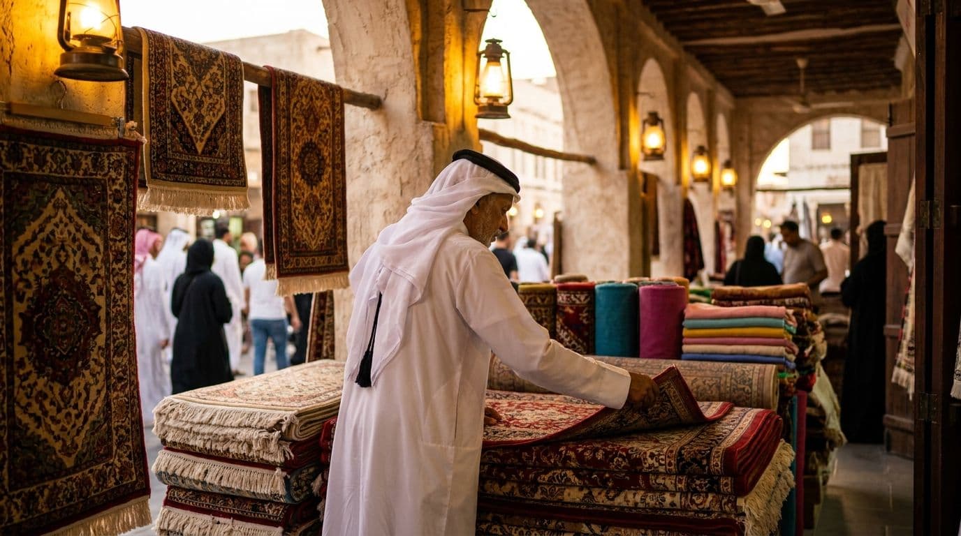 صاحب متجر سجاد وأقمشة تحت أقواس سوق واقف يرتّب بضاعته. شركة قائمة يعرفها زبائنها وجهًا لوجه