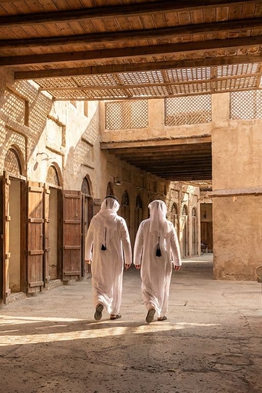 رجلان بالثوب يمشيان في ممرّ مظلّل بسوق واقف في الدوحة